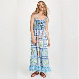 Farm Rio Tropical Tiles Square Neck Maxi Dress Size Small